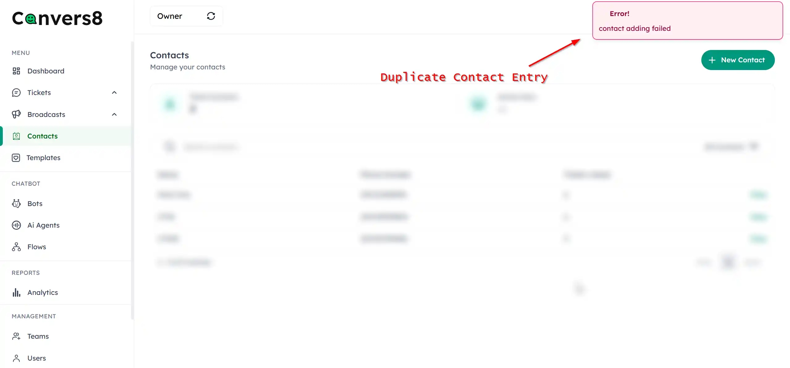 contact duplicate entry error